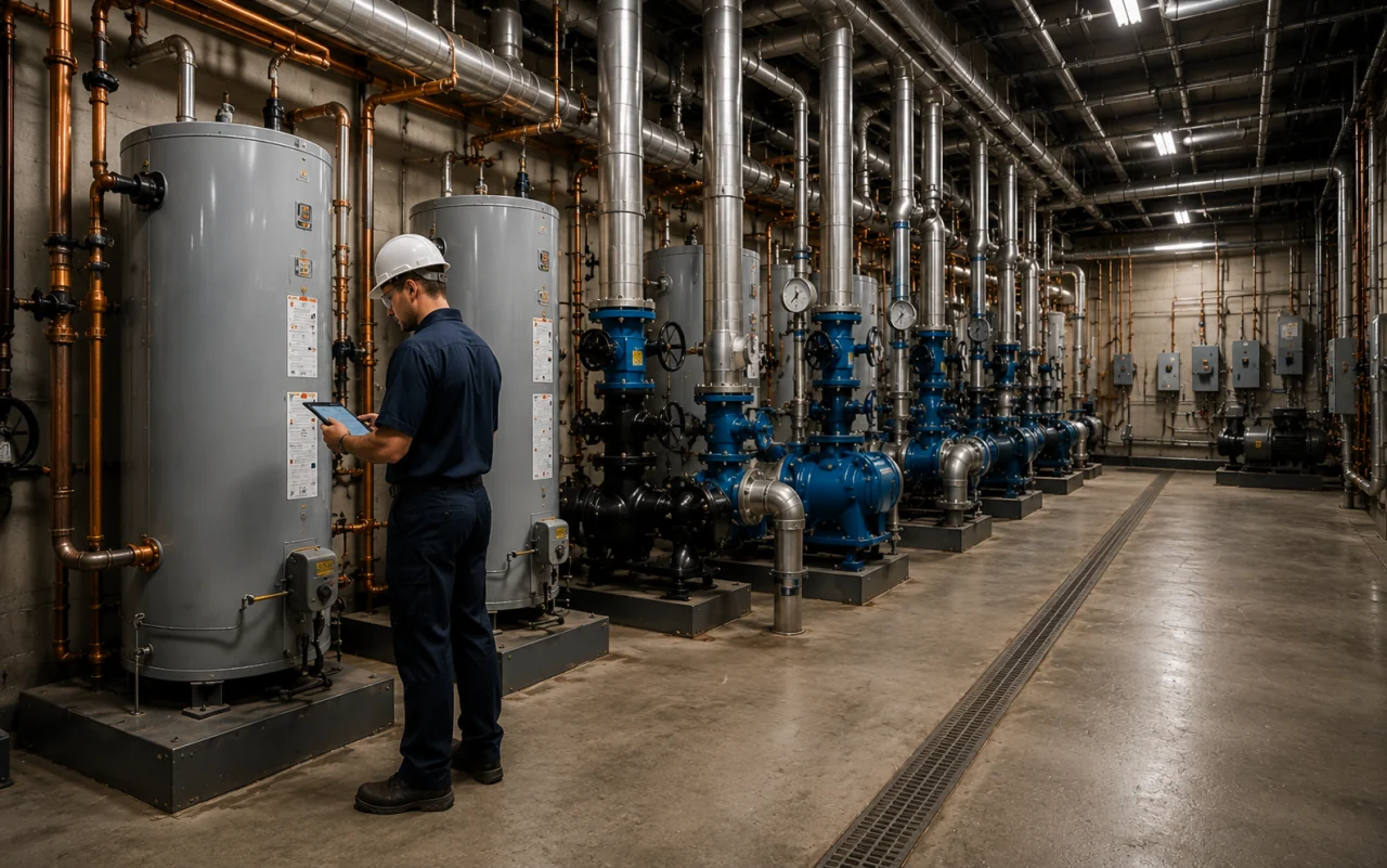 Plumbing field service dispatch software card showing urgent requests, work orders, and invoicing