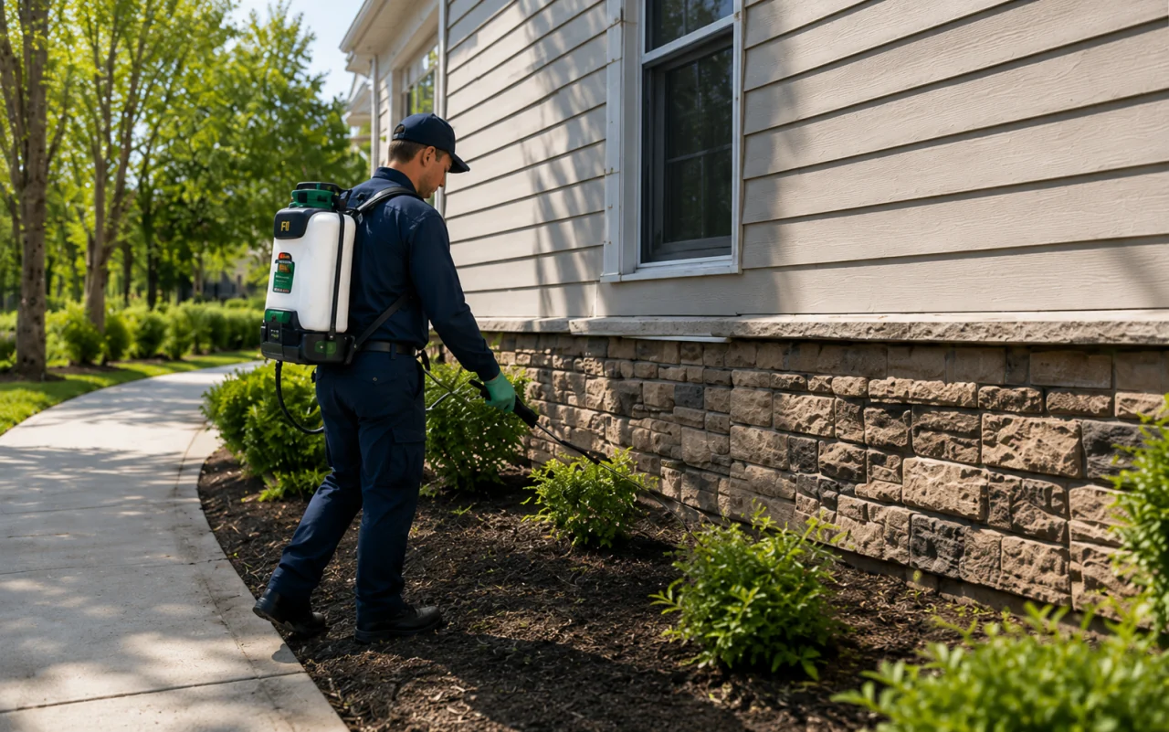 Pest control field service scheduling software card showing technician routes, inspection notes, and billing