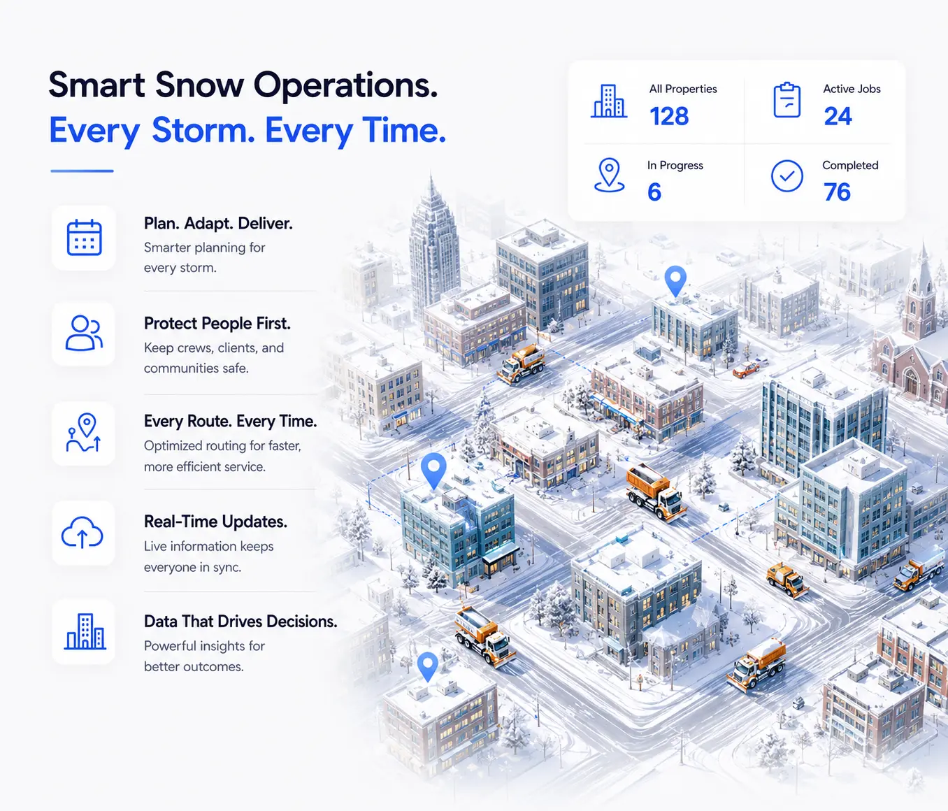 Snow removal management software map showing apartment buildings, commercial properties, contractor service locations, route priorities, and winter shift planning for city snow operations