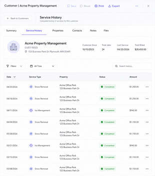 Snow removal service history report from snow management software showing completed jobs and customer records