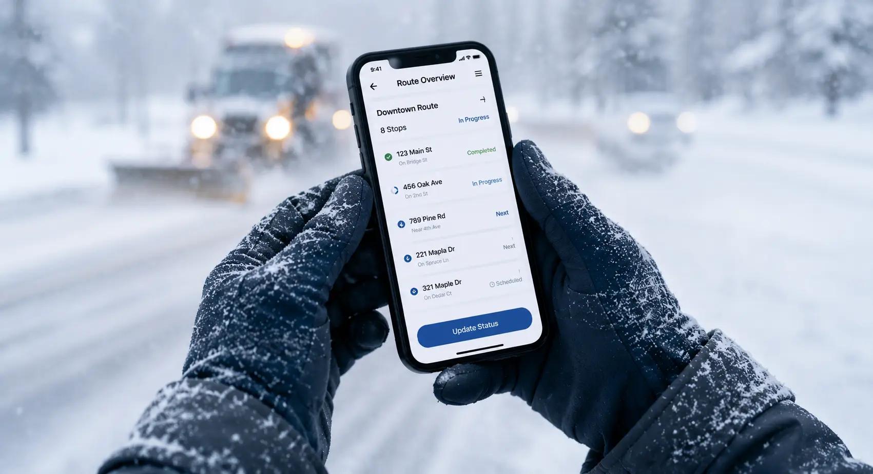 Contractor in gloves using snow plow tracking software on a mobile phone during a snowstorm to view assigned jobs, route updates, crew dispatch, and service details