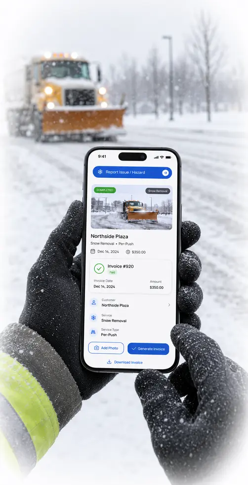 Worker using snow removal billing software on a mobile app with a desktop dashboard in the background showing completed jobs, invoice status, customer records, payment updates, and billing details