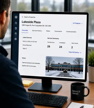Contractor reviewing a commercial account dashboard in snow removal management software for multi-property communication