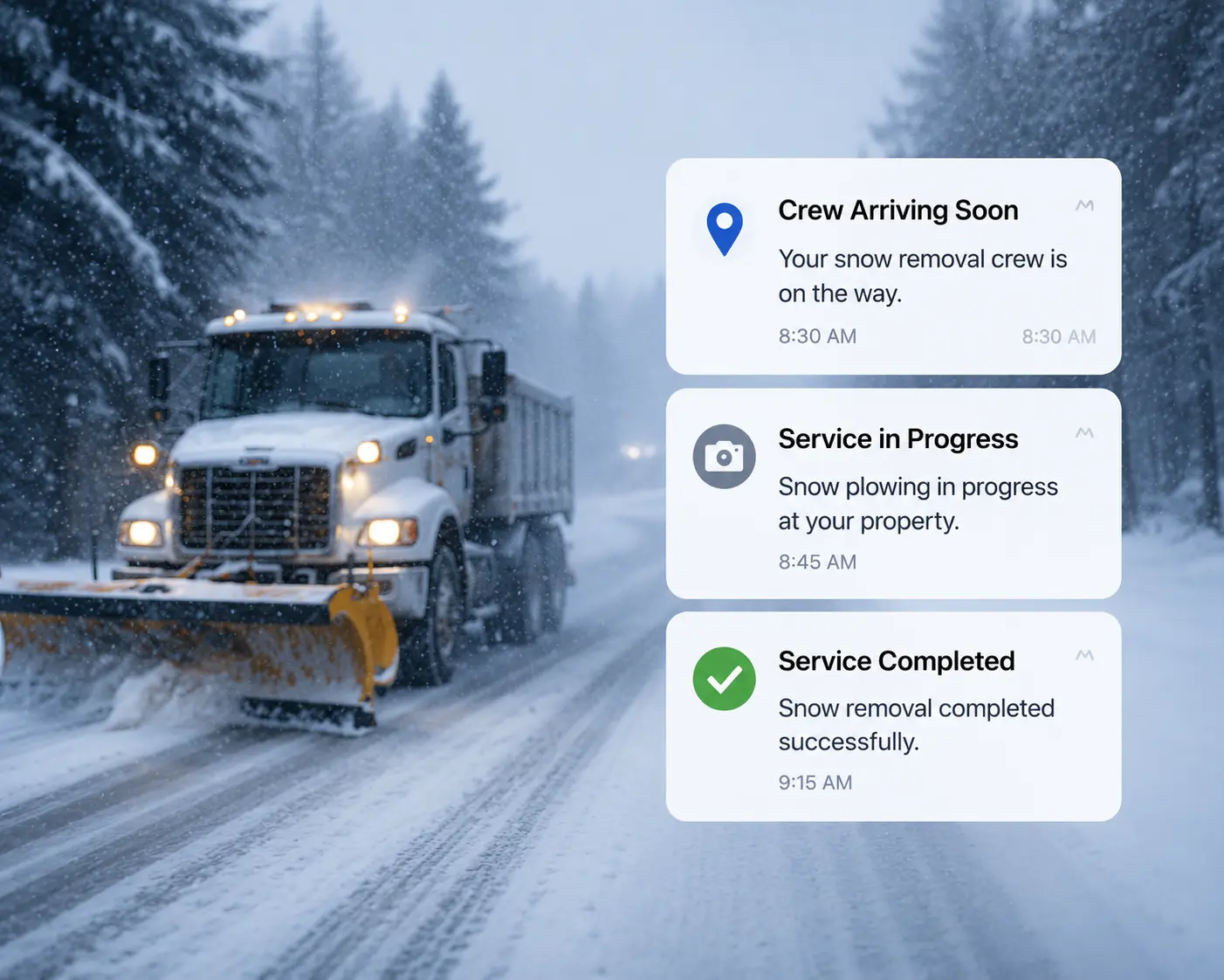 Snow plow truck clearing a snowy road with snow plow management software notifications for work orders, job reports, payments, customer updates, and service completion