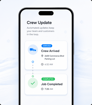 Cell phone displaying an automated crew arrival and completion update from snowplow software