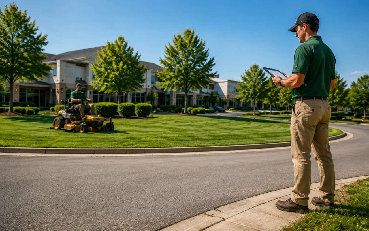Lawn care field service scheduling software card showing recurring routes and mobile job tracking
